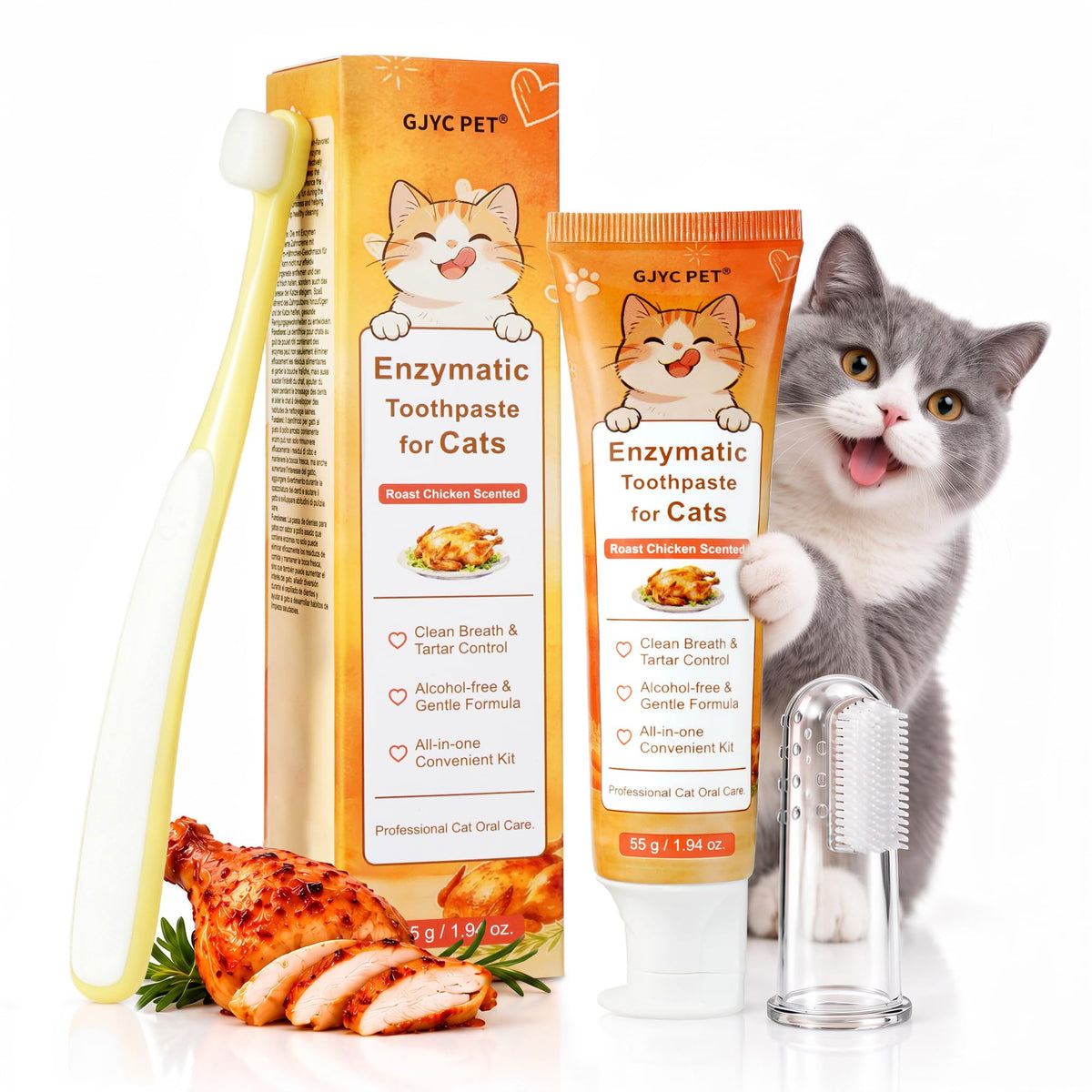55g Roasted Chicken Enzymatic Cat Tooth Brushing Kit with Soft Bristles Toothbrush & Finger Brush L596699