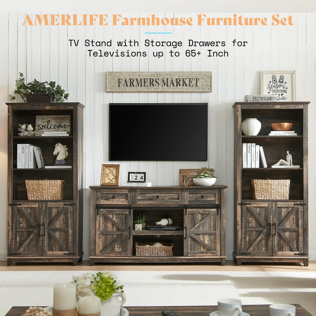 59" Dark Rustic Oak TV Stand with Storage Drawers T536328