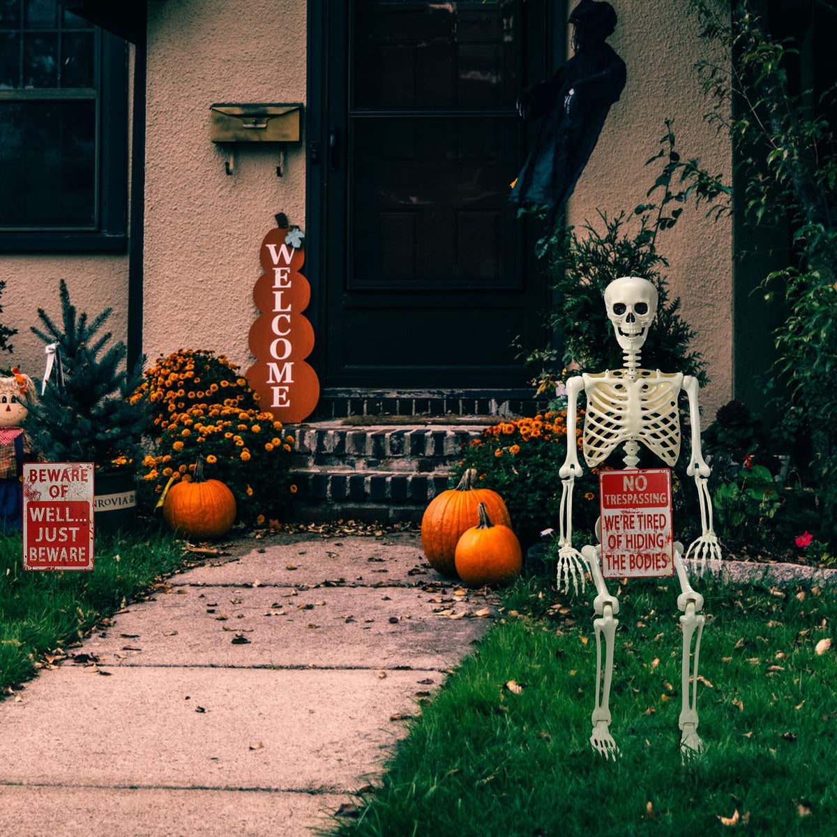 5.4 ft Posable Skeleton with 2 Pack Metal Signs U51901