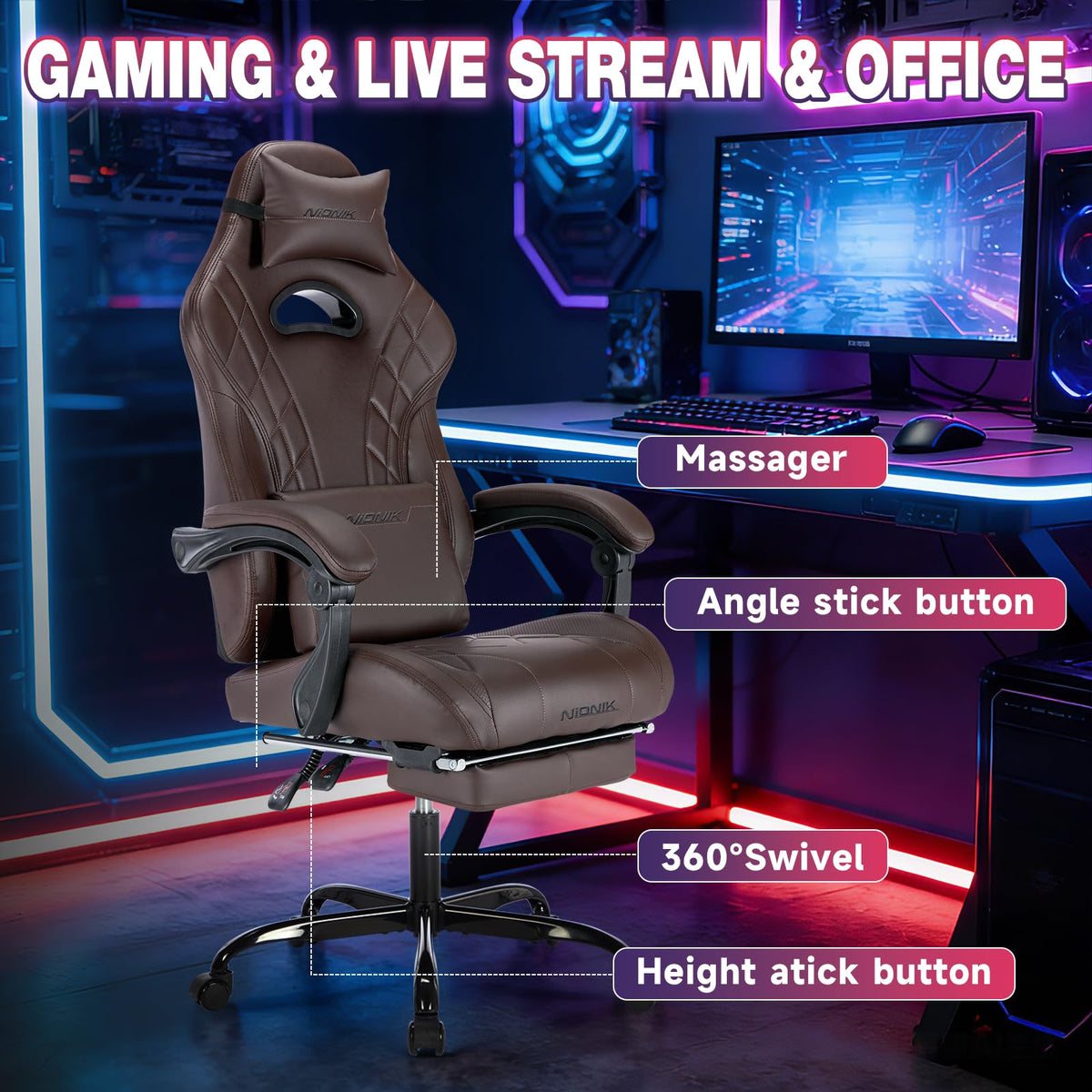 Gaming Chair with Footrest and Massage Lumbar Support E454631