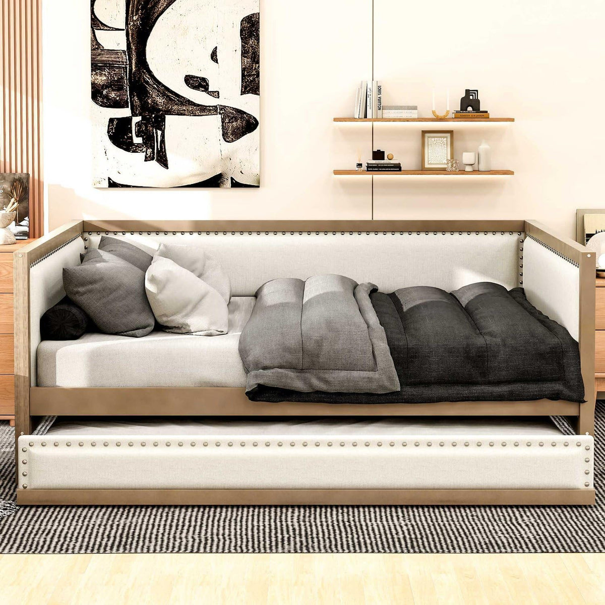 Full Size Upholstered Daybed with Trundle Linen Fabric D7882