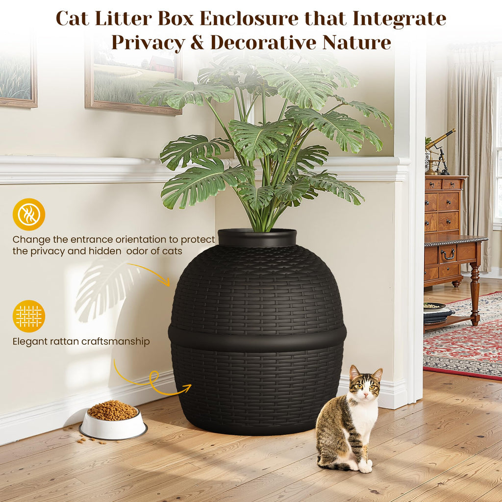 Black Large Cat Litter Box with Faux Plant O948