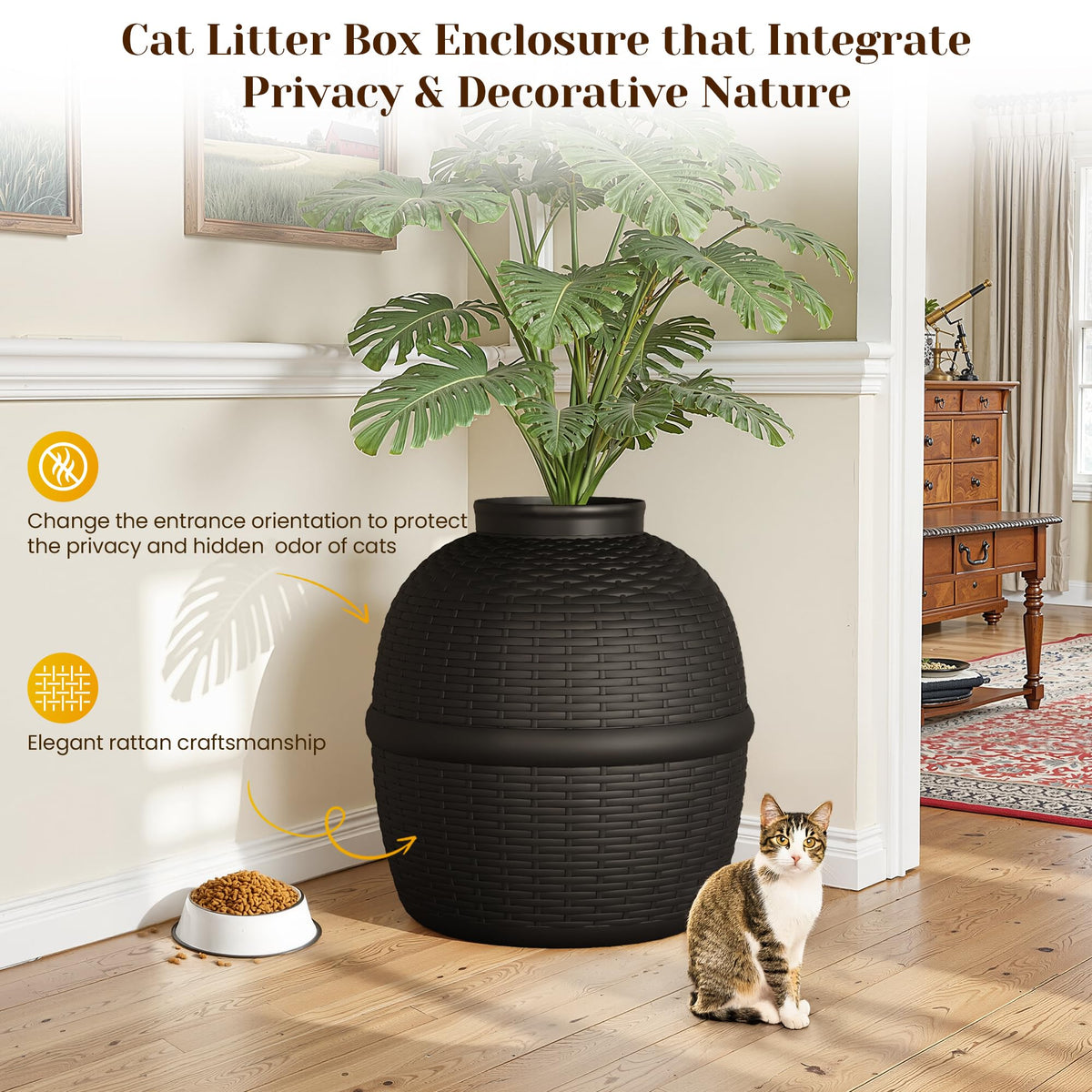 Black Large Cat Litter Box with Faux Plant O948