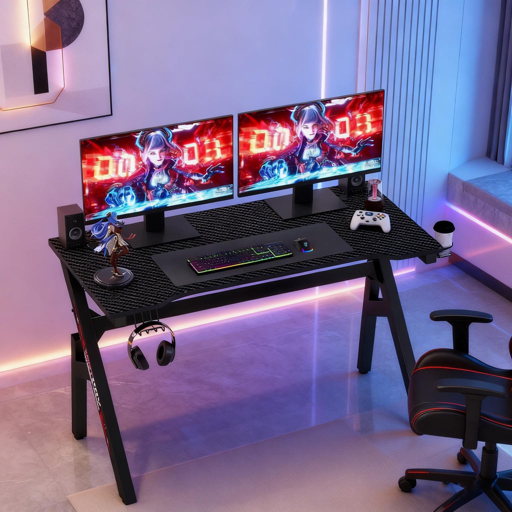 47 Inch Carbon Fiber Gaming Desk with Cup Holder and Headphone Hook P154
