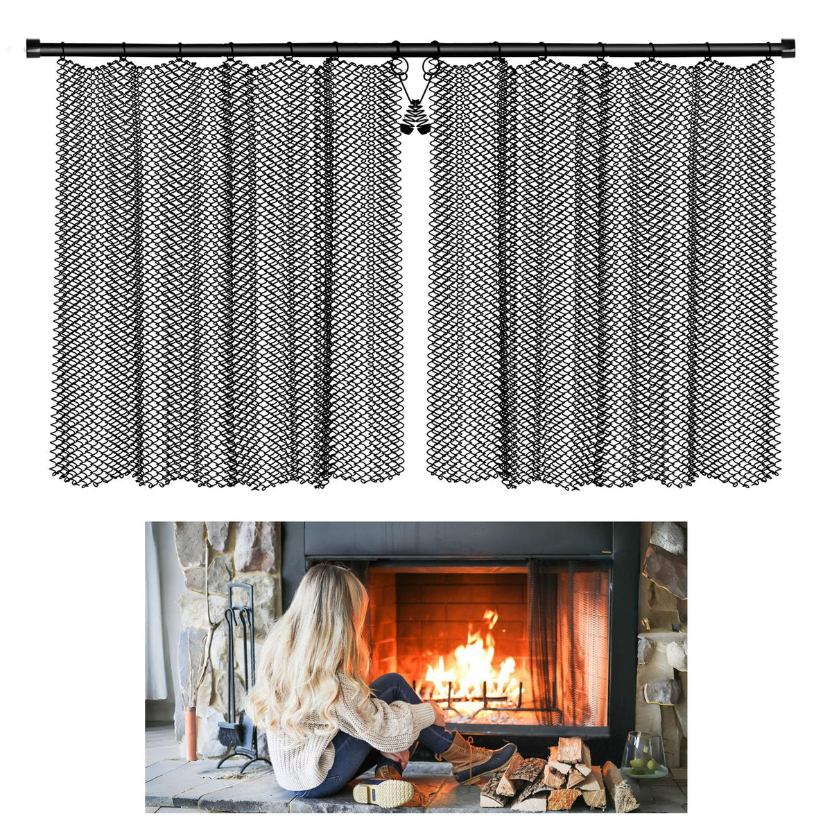 Fireplace Mesh Screen Curtain Kit with Adjustable Rod and Panels 19" H × 24" W Black Matte R2192
