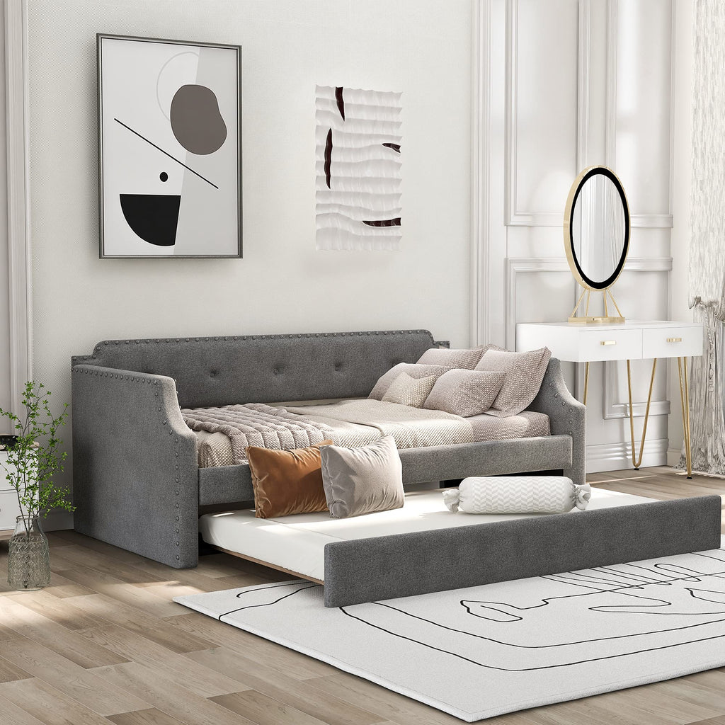 Twin Size Gray Linen Upholstered Daybed with Trundle Z81684