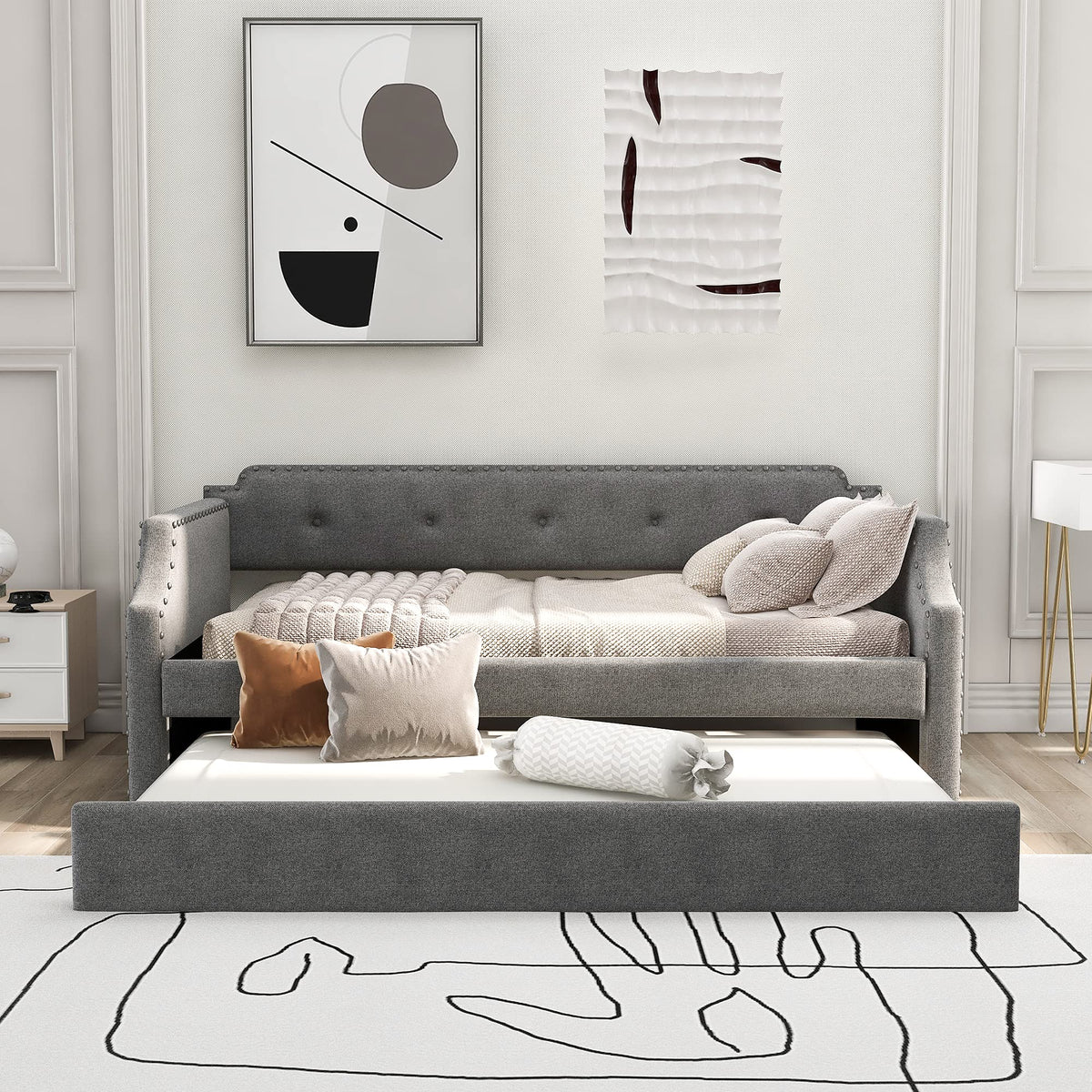 Twin Size Gray Linen Upholstered Daybed with Trundle Z81684