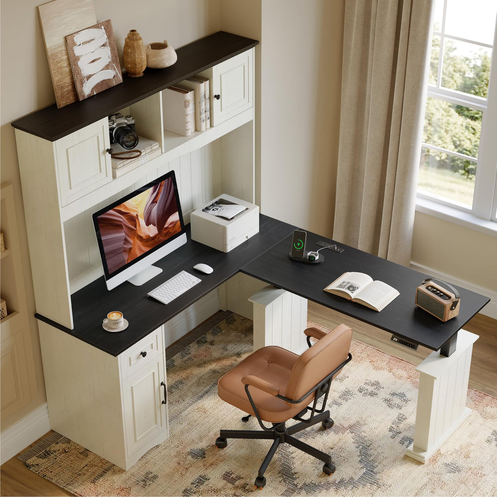 L Shaped Electric Standing Desk with Hutch and Drawers D785