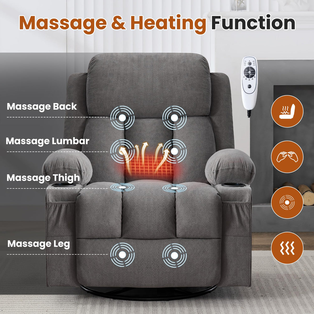 Swivel Rocker Recliner Chair with Massage and Heat D28665