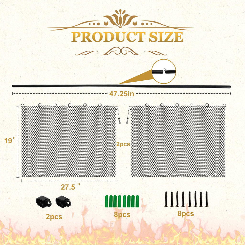Fireplace Mesh Screen Curtain Kit with Adjustable Rod and Panels 19" H × 24" W Black Matte R2192