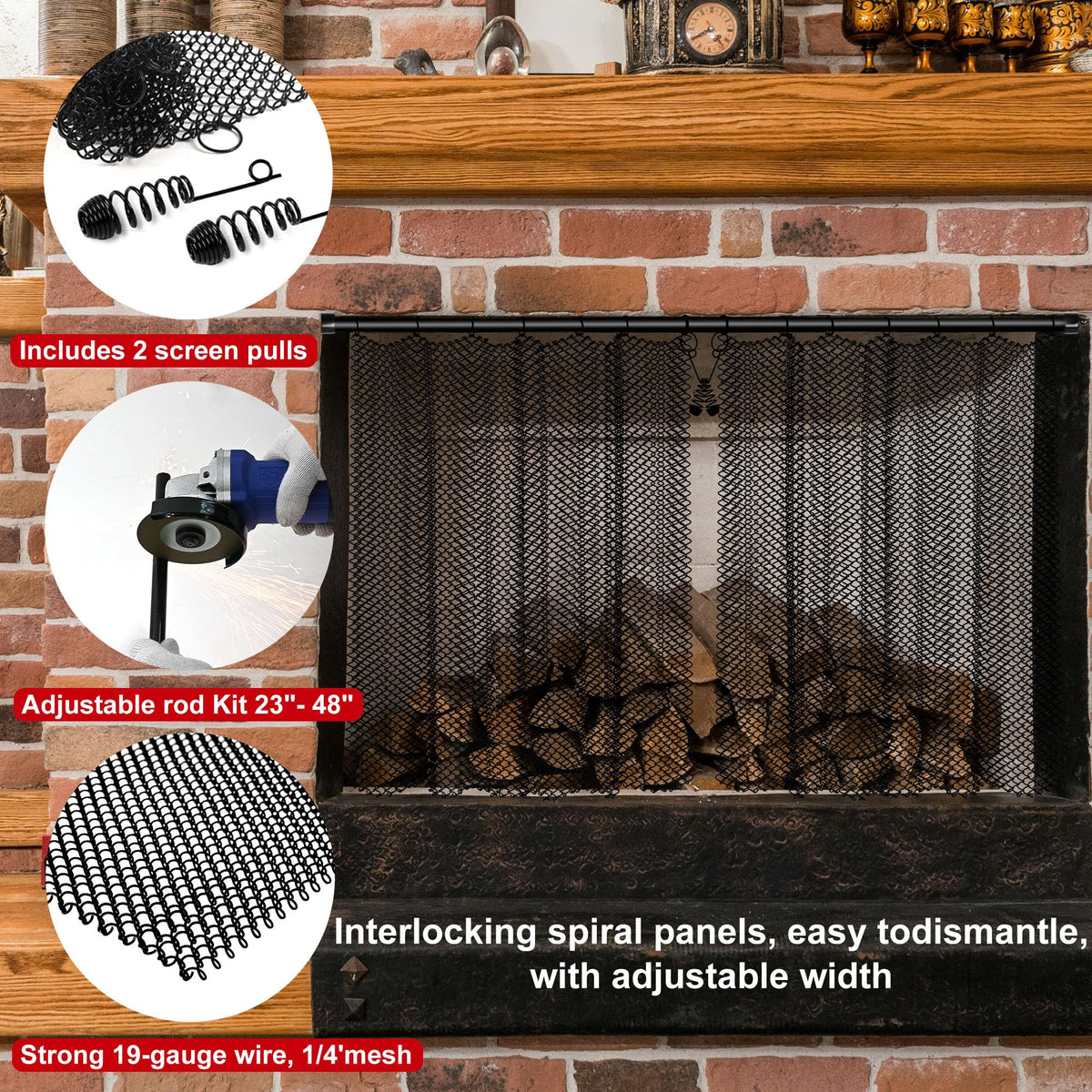 Fireplace Mesh Screen Curtain Kit with Adjustable Rod and Panels 19" H × 24" W Black Matte R2192