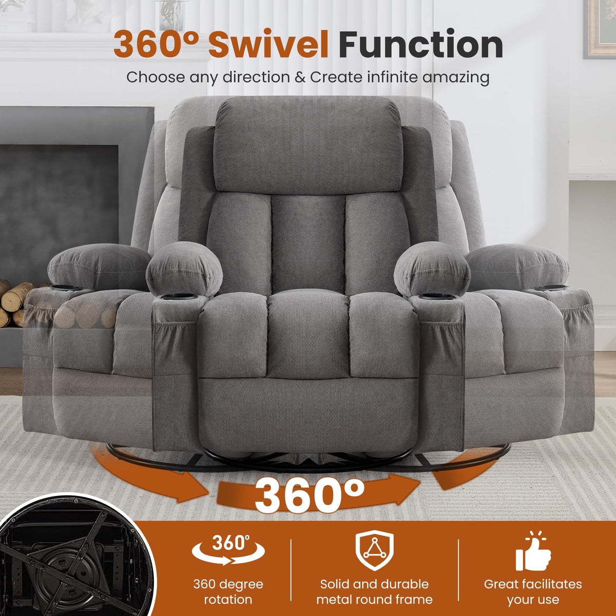 Swivel Rocker Recliner Chair with Massage and Heat D28665